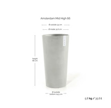 Ghiveci Amsterdam Mid High 66, înălțime 66 centimetri, diametru 34 centimetri, volum 35,6 litri.