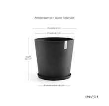 Ghiveci Amsterdam 50 cu rezervor de apă, înălțime 44,3 centimetri, diametru exterior 50 centimetri, volum 62 litri.