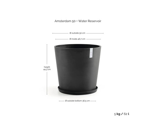 Ghiveci Amsterdam 50 cu rezervor de apă, înălțime 44,3 centimetri, diametru exterior 50 centimetri, volum 62 litri.