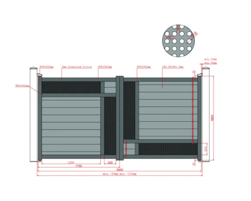 Desen tehnic al unui gard cu elemente din aluminiu și indicații de dimensiuni.