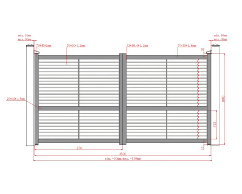 Desen tehnic al unei porți de grădină cu dimensiuni.