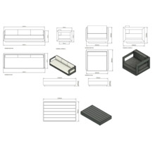 Desen tehnic al unui set de lounge cu canapea, fotoliu și masă cu dimensiuni