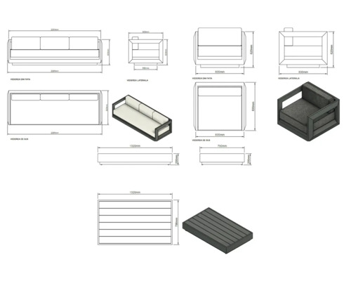Desen tehnic al unui set de lounge cu canapea, fotoliu și masă cu dimensiuni