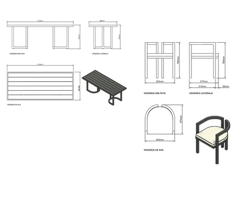 Desen tehnic al unei mese și al unui scaun cu dimensiuni