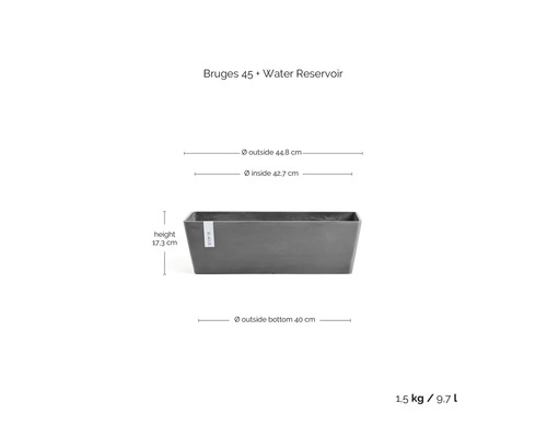Jardinieră ECOPOTS Bruges 45 cu rezervor de apă. Înălțime 17,3 centimetri, dimensiune exterioară sus 44,8 centimetri, dimensiune interioară 42,7 centimetri.