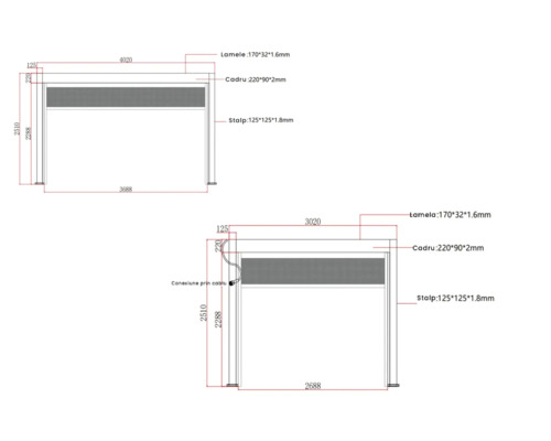 Desen tehnic al unei pergole cu dimensiuni