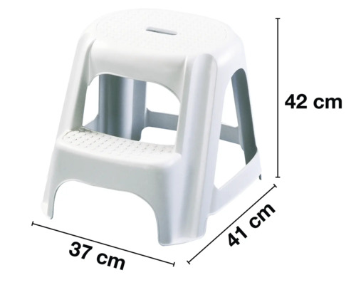 Taburet cu trepte din plastic alb, cu dimensiunile de 42 cm înălțime, 37 cm lățime și 41 cm adâncime.