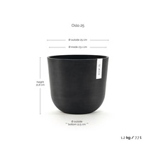 Ghiveci Ecopots Oslo 25: înălțime 21,8 centimetri, diametru exterior 25 centimetri, volum 7,7 litri, greutate 1,2 kilograme.