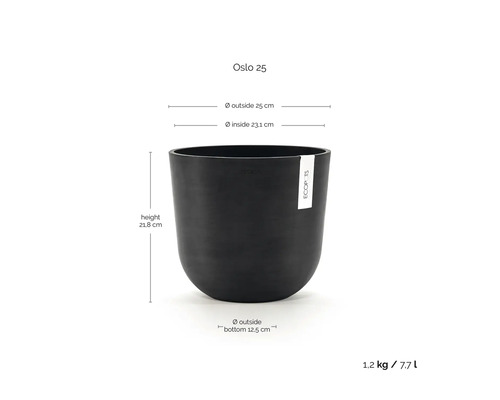 Ghiveci Ecopots Oslo 25: înălțime 21,8 centimetri, diametru exterior 25 centimetri, volum 7,7 litri, greutate 1,2 kilograme.