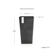 Ghiveci Ecopots Rotterdam Mid High 56: înălțime 56,5 centimetri, lungime 32,7 centimetri, adâncime 32,7 centimetri, volum 36,2 litri.