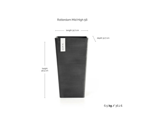 Ghiveci Ecopots Rotterdam Mid High 56: înălțime 56,5 centimetri, lungime 32,7 centimetri, adâncime 32,7 centimetri, volum 36,2 litri.