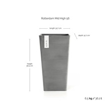 Ghiveci gri Ecopots Rotterdam Mid High 56 cu dimensiuni: înălțime 56,5 centimetri, lungime 32,7 centimetri și adâncime 32,7 centimetri.