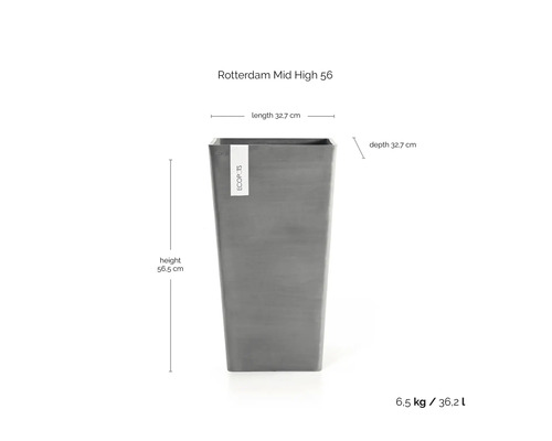 Ghiveci gri Ecopots Rotterdam Mid High 56 cu dimensiuni: înălțime 56,5 centimetri, lungime 32,7 centimetri și adâncime 32,7 centimetri.