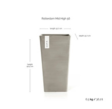 Ghiveci Ecopots Rotterdam Mid High 56: înălțime 56,5 centimetri, lungime 32,7 centimetri, adâncime 32,7 centimetri, volum 36,2 litri.