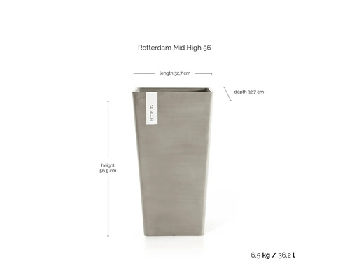Ghiveci Ecopots Rotterdam Mid High 56: înălțime 56,5 centimetri, lungime 32,7 centimetri, adâncime 32,7 centimetri, volum 36,2 litri.