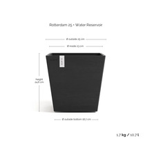 Ghiveci pătrat Ecopots Rotterdam 25 cu rezervor de apă, înălțime 24,6 centimetri, diametru 25 centimetri, volum 10,7 litri.