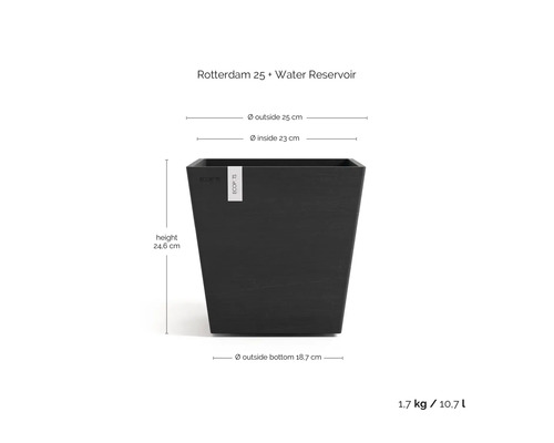 Ghiveci pătrat Ecopots Rotterdam 25 cu rezervor de apă, înălțime 24,6 centimetri, diametru 25 centimetri, volum 10,7 litri.
