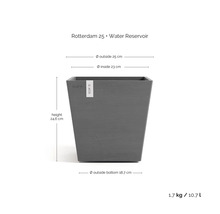 Ghiveci pătrat gri Ecopots Rotterdam 25 cu rezervor, înălțime 24,6 centimetri, lățime 25 centimetri, volum 10,7 litri.