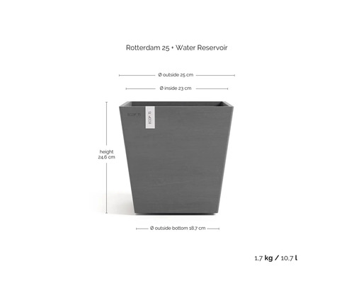 Ghiveci pătrat gri Ecopots Rotterdam 25 cu rezervor, înălțime 24,6 centimetri, lățime 25 centimetri, volum 10,7 litri.
