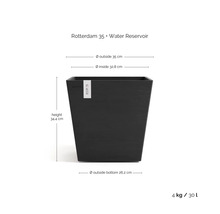 Ghiveci pătrat Ecopots Rotterdam 35 cu rezervor de apă, înălțime 34.4 centimetri, lățime 35 centimetri, volum 30 litri.