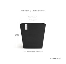 Ghiveci pătrat Ecopots Rotterdam 45 cu rezervor de apă, înălțime 44,4 centimetri, diametru exterior 43,6 centimetri, volum 63,5 litri.