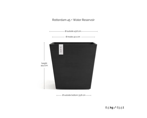 Ghiveci pătrat Ecopots Rotterdam 45 cu rezervor de apă, înălțime 44,4 centimetri, diametru exterior 43,6 centimetri, volum 63,5 litri.