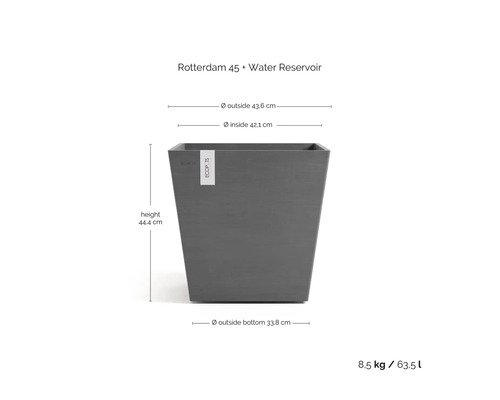 Ghiveci pătrat gri ECOPOTS Rotterdam 45, rezervor apă, înălțime 44,4 centimetri, diametru 43,6 centimetri, 8,5 kilograme, 63,5 litri.