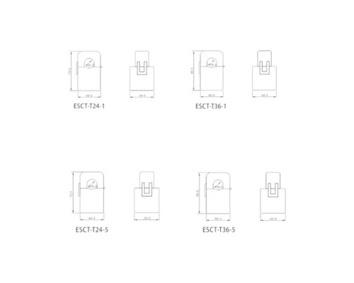 Desen tehnic al transformatoarelor de curent ESCT-T24-1, ESCT-T24-5, ESCT-T36-1 și ESCT-T36-5 cu indicații de dimensiuni
