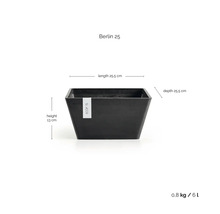 Ghiveci pătrat antracit Ecopots Berlin 25, lungime 25,5 centimetri, adâncime 25,5 centimetri, înălțime 13 centimetri, volum 6 litri.