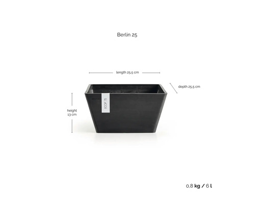 Ghiveci pătrat antracit Ecopots Berlin 25, lungime 25,5 centimetri, adâncime 25,5 centimetri, înălțime 13 centimetri, volum 6 litri.