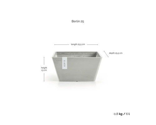 Ghiveci Berlin 25: lungime 25,5 centimetri, adâncime 25,5 centimetri, înălțime 13 centimetri, 0,8 kilograme, 6 litri.