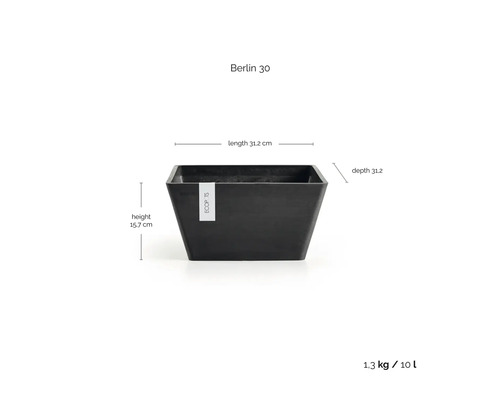 Ghiveci pătrat negru Ecopots Berlin 30, lungime 31,2 centimetri, adâncime 31,2 centimetri, înălțime 15,7 centimetri, volum 10 litri.