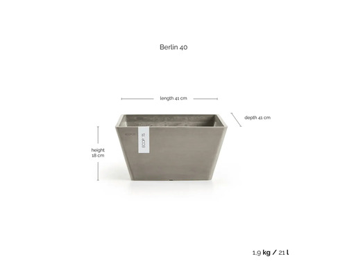 Ghiveci Ecopots Berlin 40, lungime 41 centimetri, adâncime 41 centimetri, înălțime 18 centimetri, volum 21 litri, greutate 1,9 kilograme.