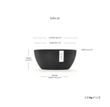 Ghiveci tip bol Ecopots Sofia 30 cu dimensiuni: înălțime 13,5 centimetri, lățime 29,5 centimetri, adâncime 13,4 centimetri și volum 2,7 litri.