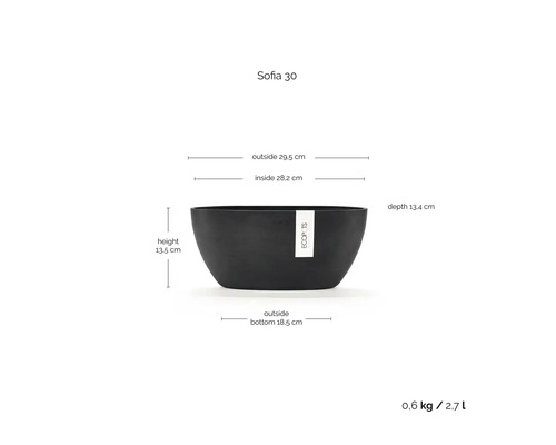 Ghiveci tip bol Ecopots Sofia 30 cu dimensiuni: înălțime 13,5 centimetri, lățime 29,5 centimetri, adâncime 13,4 centimetri și volum 2,7 litri.