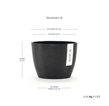 Ghiveci negru Ecopots Stockholm 16 cu dimensiuni înălțime 12 centimetri diametru exterior 16,2 centimetri volum 1,8 litri