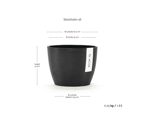 Ghiveci negru Ecopots Stockholm 16 cu dimensiuni înălțime 12 centimetri diametru exterior 16,2 centimetri volum 1,8 litri