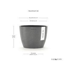 Ghiveci Ecopots Stockholm 16 cu dimensiuni: înălțime 12 centimetri, diametru exterior 16,2 centimetri, volum 1,8 litri.