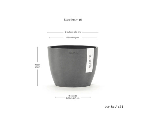 Ghiveci Ecopots Stockholm 16 cu dimensiuni: înălțime 12 centimetri, diametru exterior 16,2 centimetri, volum 1,8 litri.