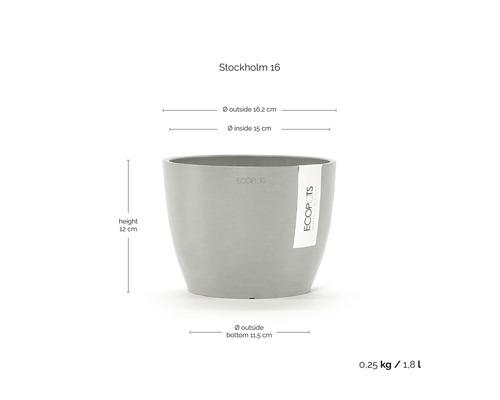 Ghiveci rotund gri Ecopots Stockholm 16 cu dimensiuni: diametru exterior 16,2 centimetri, înălțime 12 centimetri, volum 1,8 litri.