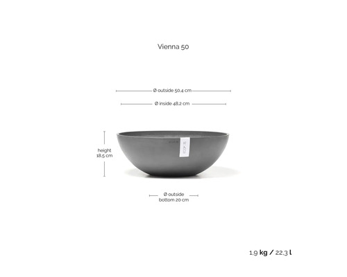 Bol gri pentru plante Ecopots Vienna 50: diametru 50,4 centimetri, înălțime 18,5 centimetri, volum 22,3 litri, greutate 1,9 kilograme.