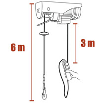 Desen tehnic al unui troliu electric cu o înălțime de ridicare de șase metri și o lungime a cablului de trei metri.