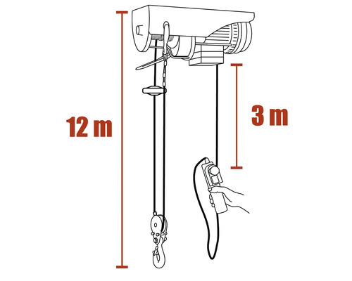 Desen al unui palan electric cu o înălțime de ridicare de 12 metri și o lungime a cablului de comandă de 3 metri