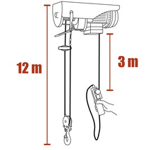 Desen al unui troliu electric cu o înălțime de ridicare de doisprezece metri și o lungime a cablului de trei metri.