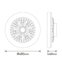 Desen tehnic al unui ventilator de tavan rotund cu dimensiunile diametrului de 485 mm și adâncimea de 140 mm.
