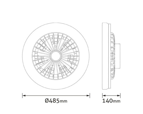 Desen tehnic al unui ventilator de tavan rotund cu dimensiunile diametrului de 485 mm și adâncimea de 140 mm.