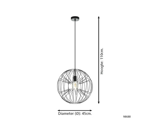 Lampa suspendată cu abajur sferic din sârmă metalică, diametru 45 cm, înălțime 110 cm