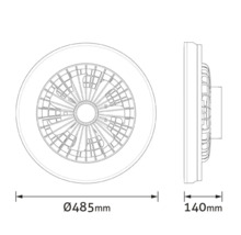 Desen tehnic al unui ventilator de tavan cu dimensiunile de 485 mm în diametru și 140 mm în profunzime.