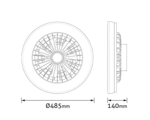Desen tehnic al unui ventilator de tavan cu dimensiunile de 485 mm în diametru și 140 mm în profunzime.
