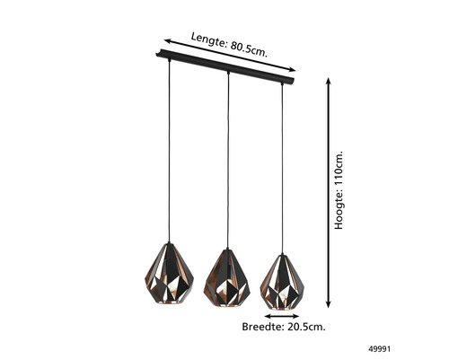 Lumină suspendată cu trei abajururi geometrice și dimensiuni